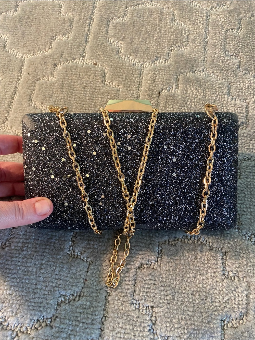 Urban Expressions Black Glitter Box Clutch Gold Chain Evening Purse